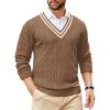 imageCOOFANDY Mens V Neck Sweater Long Sleeve Cable Knit Sweater Fall Winter Pullover Slim Fit Stretchy Fabric Preppy StyleOak Brown