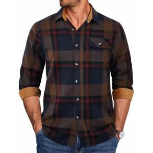 imageCOOFANDY Mens Flannel Shirts Long Sleeve Button Down Shirt Casual Shirts Work Shirts for MenNavy and Brown