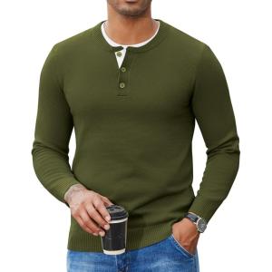 imageCOOFANDY Mens Henley Sweater Long Sleeve Textured Pullover Sweaters Casual Button Crewneck Knit SweaterArmy Green