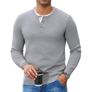 imageCOOFANDY Mens Henley Sweater Long Sleeve Textured Pullover Sweaters Casual Button Crewneck Knit SweaterLight Grey