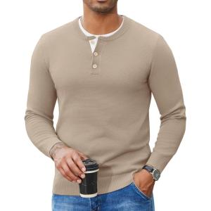 imageCOOFANDY Mens Henley Sweater Long Sleeve Textured Pullover Sweaters Casual Button Crewneck Knit SweaterLight Khaki