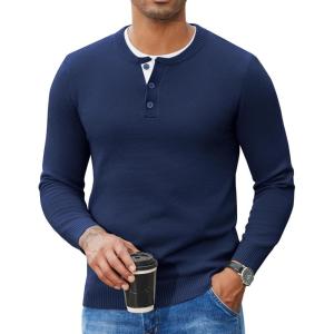 imageCOOFANDY Mens Henley Sweater Long Sleeve Textured Pullover Sweaters Casual Button Crewneck Knit SweaterNavy Blue