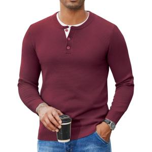 imageCOOFANDY Mens Henley Sweater Long Sleeve Textured Pullover Sweaters Casual Button Crewneck Knit SweaterWine Red