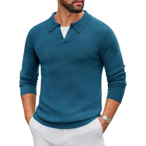 imageCOOFANDY Mens Knit Polo Sweater Long Sleeve VNeck Pullover Sweaters Casual Collared Ribbed Knitted PolosBlue