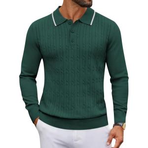 imageCOOFANDY Mens Polo Sweater Casual Long Sleeve Knit Polos Button Down Collared Golf Pullover SweatersDark Green