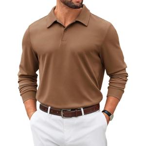 imageCOOFANDY Mens Polo Sweatshirts 2025 Long Sleeve Casual Golf Shirts Light Weight Moisture Wicking Pullover ShirtsBrown