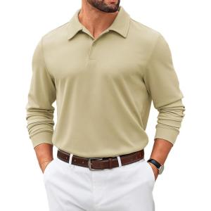 imageCOOFANDY Mens Polo Sweatshirts 2025 Long Sleeve Casual Golf Shirts Light Weight Moisture Wicking Pullover ShirtsKhaki