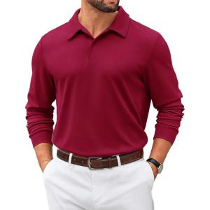 imageCOOFANDY Mens Polo Sweatshirts 2025 Long Sleeve Casual Golf Shirts Light Weight Moisture Wicking Pullover ShirtsWine Red