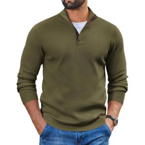 imageCOOFANDY Mens Pullover Sweaters Long Sleeve Knit Quarter Button Sweater Mock Neck Casual Henley SweaterArmy Green