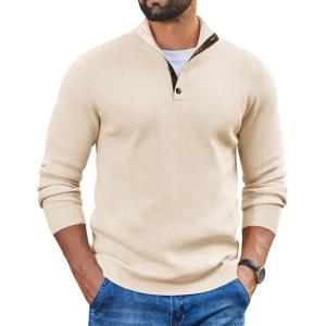 imageCOOFANDY Mens Pullover Sweaters Long Sleeve Knit Quarter Button Sweater Mock Neck Casual Henley SweaterBeige