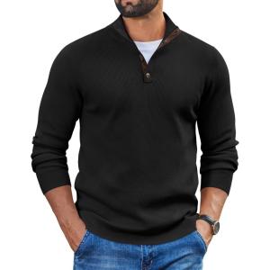 imageCOOFANDY Mens Pullover Sweaters Long Sleeve Knit Quarter Button Sweater Mock Neck Casual Henley SweaterBlack