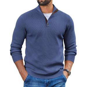 imageCOOFANDY Mens Pullover Sweaters Long Sleeve Knit Quarter Button Sweater Mock Neck Casual Henley SweaterBlue