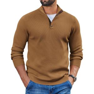 imageCOOFANDY Mens Pullover Sweaters Long Sleeve Knit Quarter Button Sweater Mock Neck Casual Henley SweaterBrown