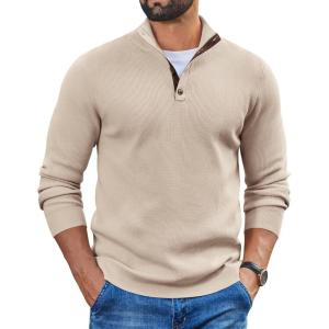 imageCOOFANDY Mens Pullover Sweaters Long Sleeve Knit Quarter Button Sweater Mock Neck Casual Henley SweaterKhaki