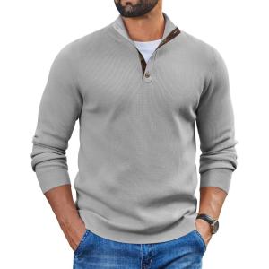 imageCOOFANDY Mens Pullover Sweaters Long Sleeve Knit Quarter Button Sweater Mock Neck Casual Henley SweaterLight Gray