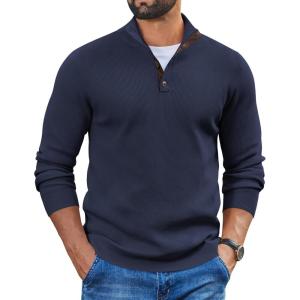 imageCOOFANDY Mens Pullover Sweaters Long Sleeve Knit Quarter Button Sweater Mock Neck Casual Henley SweaterNavy Blue