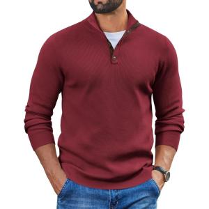 imageCOOFANDY Mens Pullover Sweaters Long Sleeve Knit Quarter Button Sweater Mock Neck Casual Henley SweaterRed