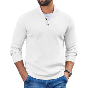 imageCOOFANDY Mens Pullover Sweaters Long Sleeve Knit Quarter Button Sweater Mock Neck Casual Henley SweaterWhite
