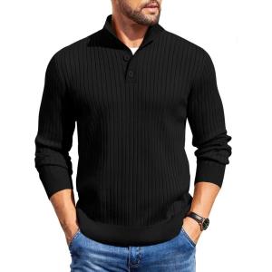 imageCOOFANDY Mens Quarter Button Sweater Long Sleeve Stand Collar Sweaters Casual Knitted Ribbed Dress PulloverAblack