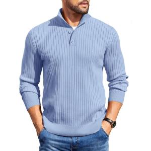 imageCOOFANDY Mens Quarter Button Sweater Long Sleeve Stand Collar Sweaters Casual Knitted Ribbed Dress PulloverLight Blue