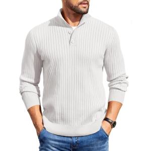 imageCOOFANDY Mens Quarter Button Sweater Long Sleeve Stand Collar Sweaters Casual Knitted Ribbed Dress PulloverWhite