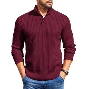 imageCOOFANDY Mens Quarter Button Sweater Long Sleeve Stand Collar Sweaters Casual Knitted Ribbed Dress PulloverWine Red