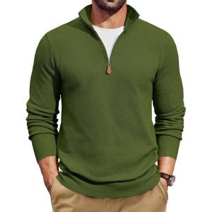 imageCOOFANDY Mens Quarter Zip Pullover Dress Slim Fit Sweater Mock Neck Sweaters Casual Long Sleeve PulloversArmy Green
