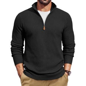 imageCOOFANDY Mens Quarter Zip Pullover Dress Slim Fit Sweater Mock Neck Sweaters Casual Long Sleeve PulloversBlack