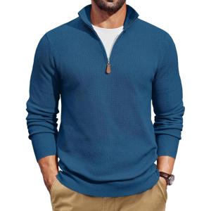 imageCOOFANDY Mens Quarter Zip Pullover Dress Slim Fit Sweater Mock Neck Sweaters Casual Long Sleeve PulloversDark Blue