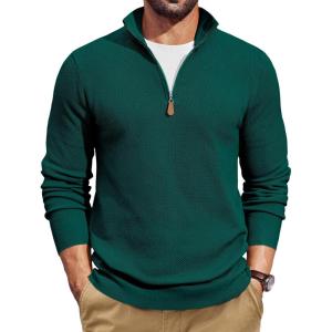 imageCOOFANDY Mens Quarter Zip Pullover Dress Slim Fit Sweater Mock Neck Sweaters Casual Long Sleeve PulloversDark Green