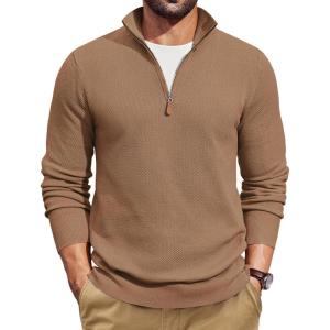 imageCOOFANDY Mens Quarter Zip Pullover Dress Slim Fit Sweater Mock Neck Sweaters Casual Long Sleeve PulloversLight Brown