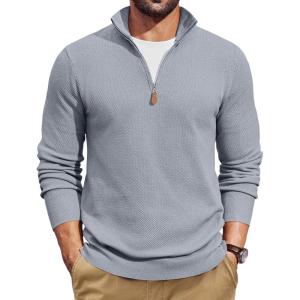 imageCOOFANDY Mens Quarter Zip Pullover Dress Slim Fit Sweater Mock Neck Sweaters Casual Long Sleeve PulloversLight Grey