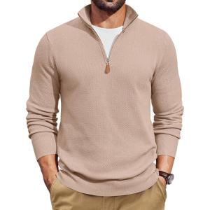 imageCOOFANDY Mens Quarter Zip Pullover Dress Slim Fit Sweater Mock Neck Sweaters Casual Long Sleeve PulloversLight Khaki