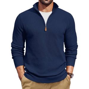 imageCOOFANDY Mens Quarter Zip Pullover Dress Slim Fit Sweater Mock Neck Sweaters Casual Long Sleeve PulloversNavy Blue