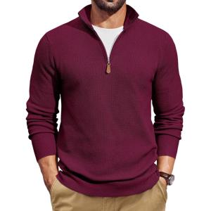 imageCOOFANDY Mens Quarter Zip Pullover Dress Slim Fit Sweater Mock Neck Sweaters Casual Long Sleeve PulloversWine Red