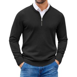 imageCOOFANDY Mens Quarter Zip Pullover Slim Fit Dress Sweaters Lightweight Mock Neck Knit SweaterBlack