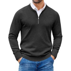 imageCOOFANDY Mens Quarter Zip Pullover Slim Fit Dress Sweaters Lightweight Mock Neck Knit SweaterDark Gray