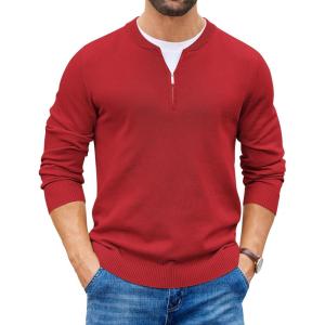 imageCOOFANDY Mens Quarter Zip Pullover Slim Fit Dress Sweaters Lightweight Mock Neck Knit SweaterDark Red