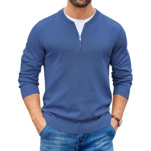 imageCOOFANDY Mens Quarter Zip Pullover Slim Fit Dress Sweaters Lightweight Mock Neck Knit SweaterDenim Blue