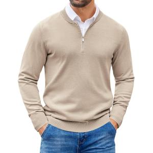 imageCOOFANDY Mens Quarter Zip Pullover Slim Fit Dress Sweaters Lightweight Mock Neck Knit SweaterKhaki