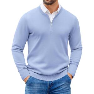 imageCOOFANDY Mens Quarter Zip Pullover Slim Fit Dress Sweaters Lightweight Mock Neck Knit SweaterLight Blue
