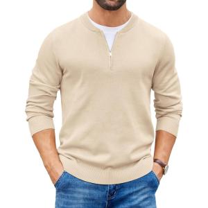 imageCOOFANDY Mens Quarter Zip Pullover Slim Fit Dress Sweaters Lightweight Mock Neck Knit SweaterLight Khaki