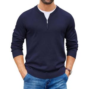 imageCOOFANDY Mens Quarter Zip Pullover Slim Fit Dress Sweaters Lightweight Mock Neck Knit SweaterNavy Blue