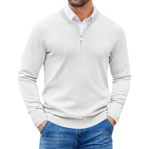 imageCOOFANDY Mens Quarter Zip Pullover Slim Fit Dress Sweaters Lightweight Mock Neck Knit SweaterWhite