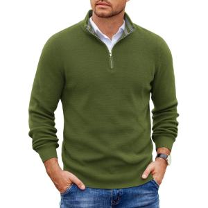 imageCOOFANDY Mens Quarter Zip Pullover Slim Fit Lightweight Sweater Casual Mock Neck Knit Polo SweaterArmy Green