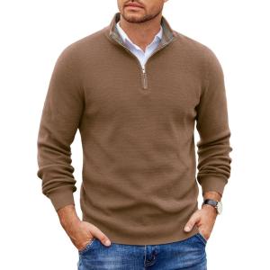 imageCOOFANDY Mens Quarter Zip Pullover Slim Fit Lightweight Sweater Casual Mock Neck Knit Polo SweaterAsh Brown