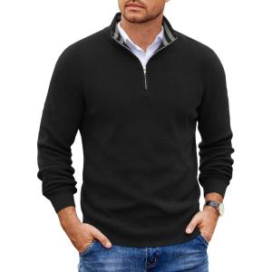 imageCOOFANDY Mens Quarter Zip Pullover Slim Fit Lightweight Sweater Casual Mock Neck Knit Polo SweaterBlack