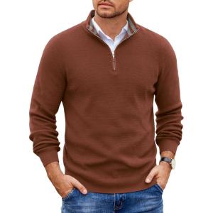 imageCOOFANDY Mens Quarter Zip Pullover Slim Fit Lightweight Sweater Casual Mock Neck Knit Polo SweaterBrown