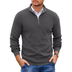 imageCOOFANDY Mens Quarter Zip Pullover Slim Fit Lightweight Sweater Casual Mock Neck Knit Polo SweaterDark Gray