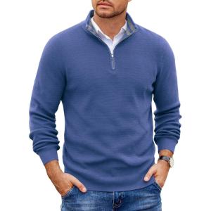 imageCOOFANDY Mens Quarter Zip Pullover Slim Fit Lightweight Sweater Casual Mock Neck Knit Polo SweaterGray Blue